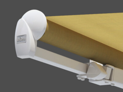 Die Tuchwelle der Markise liegt frei. Die seitlichen runden Endkappen verleihen ihr eine harmonische Optik.